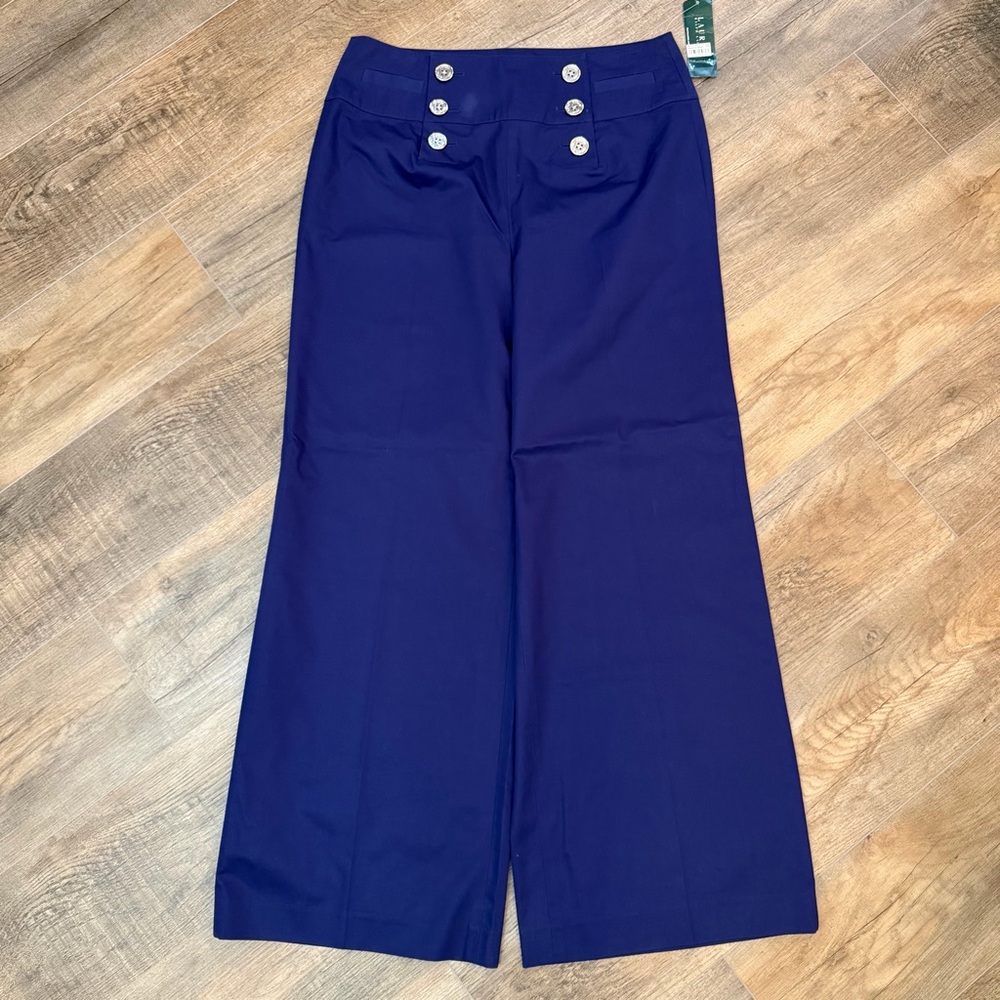 NWT Lauren Ralph Lauren Navy Wide Leg Trousers Women’s 14 Sailor Nautical Button